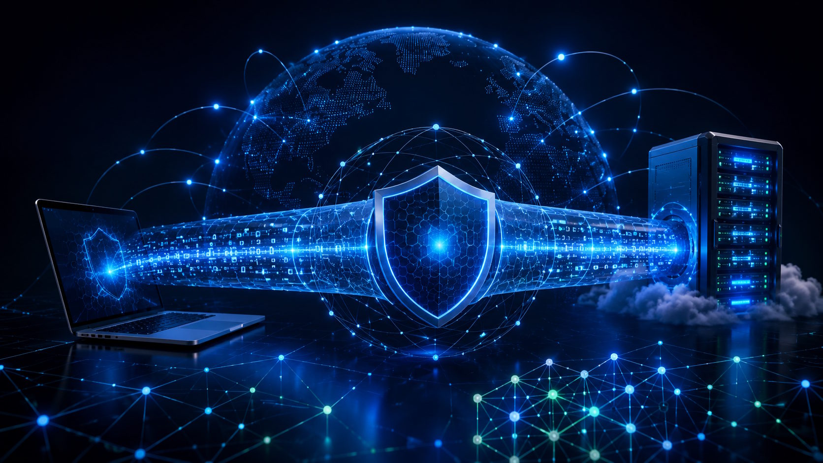 Secure encrypted VPN tunnel connecting a device to a protected server