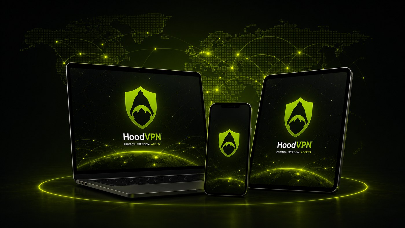 HoodVPN app running on laptop, phone and tablet