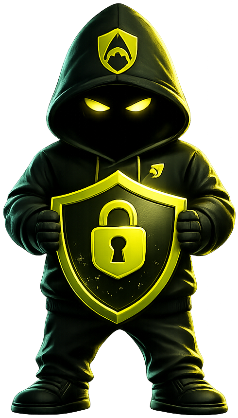 HoodVPN hooded mascot holding a security shield